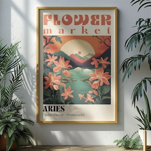 Peut inclure: Une affiche de style rétro avec le texte "FLOWER market" et "ARIES Zodiac Flower - Honeysuckle". L'affiche présente une illustration colorée d'un paysage avec des montagnes, un lac et des fleurs.