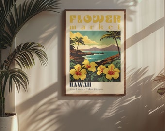 May include: A vintage-style poster advertising a flower market in Hawaii. The poster features a beach scene with palm trees, a blue ocean, and yellow hibiscus flowers. The text on the poster reads "Flower Market Hawaii State Flower - Yellow Hibiscus".