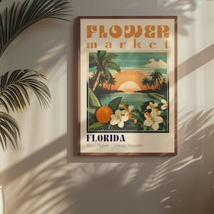 Cartel del mercado de flores del estado de Florida Ciudades retro Impresiones Cartel de viaje retro Impresión de viaje vintage Viaje de Florida Regalo de Florida Flor de azahar