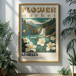 Georgia State Blumenmarkt Poster Retro Städte Drucke Retro Reise Poster Vintage Reise Druck Augusta Georgia Bulldogs Cherokee Rose Art