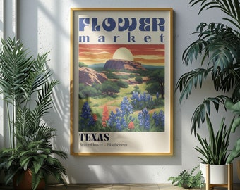 Texas statliga blomstermarknadsaffisch Retro städer tryck Retro reseaffisch Vintage resetryck Texas Bluebonnet-konst Texas gåva Texas Rangers