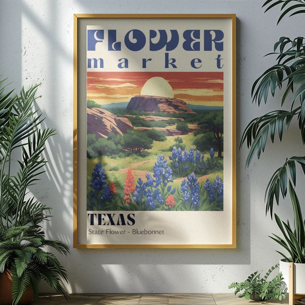 Texas State Flower Market Poster Retro Cities Prints Retro Travel Poster Vintage Travel Print Texas Bluebonnet Art Texas Gift Texas Rangers