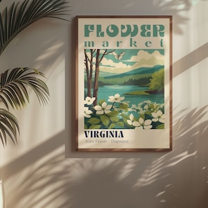 Virginia State Flower Market Poster Retro Cities Prints Retro Travel Poster Vintage Travel Print Virginia Tech University Virginia Poster