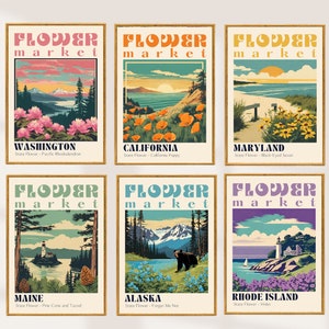 50 flores estatales Boho Flower Market Poster Flower Market Conjunto de 50 impresiones Ciudades retro Impresiones Retro Travel Poster Vintage Travel Print