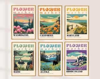 50 State Flowers Boho Flower Market Poster Flower Market Set of 50 Prints Retro Cities Prints Retro Travel Poster Vintage Travel Print