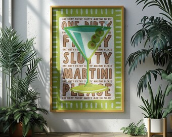 Affiche de martini sale, art de la boisson rétro, impression de bar drôle, déco alcoolisée verte marron, dortoir universitaire esthétique, chariot de bar vintage, art mural imprimable