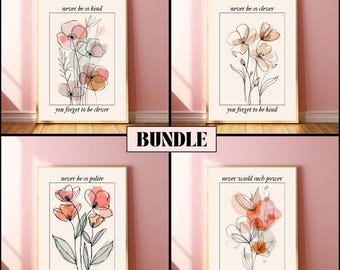 Floral Quote Wall Art Set Neutral Botanical Prints Never Be So Kind Clever Polite