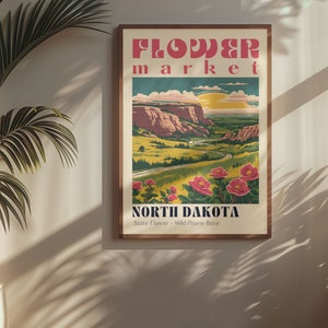 North Dakota State Flower Market Poster Retro Cities Prints Retro Travel Poster Vintage Travel Print North Dakota Poster North Dakota Gift