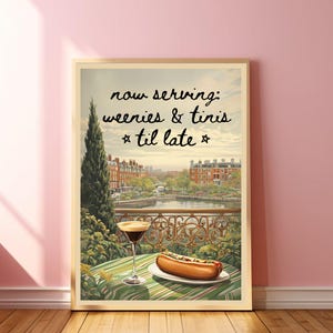 Weenies and Martinis Poster Funky Cocktail Wall Art Quirky Hot Dog Print Maximalist Kitchen Decor Italian Bar Cart Espresso Aesthetic Print