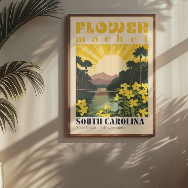 South Carolina State Flower Market Poster Retro Cities Prints Retro Travel Poster Vintage Travel Print South Carolina Art Yellow Jessamine