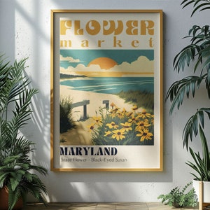 Maryland State Flower Market Poster Retro Cities Prints Retro Travel Poster Vintage Travel Print Maryland Lover Black-Eyed Susan Flower Art