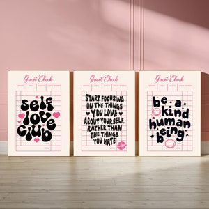 Juego de 3 carteles de confirmación de invitados, cartel de afirmación, cartel rosa preppy, cartel de apartamento Y2k, decoración de carrito de bar, impresión de vibraciones positivas que se puede descifrar