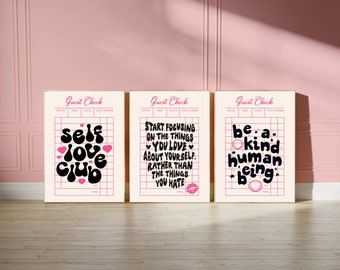 Pink Self Love Quote Poster Set Retro Guest Check Wall Art Dorm Affirmation Prints