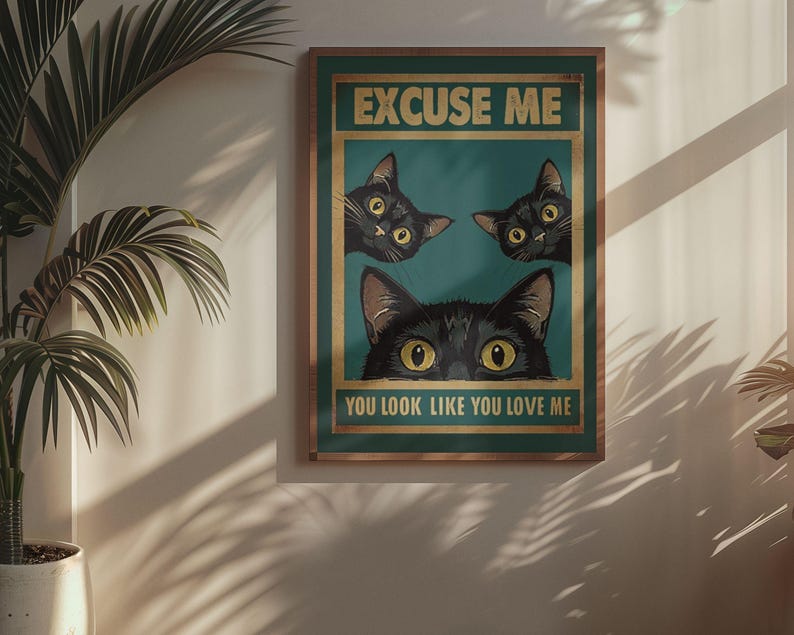 Black Cat Wall Art Funny Cat Poster Retro Vintage Cat Print Dopamine ...