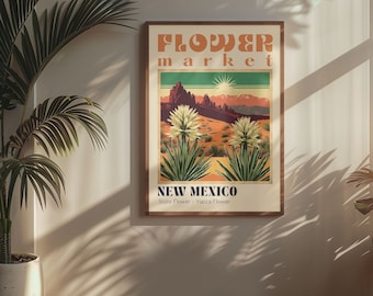 Poster del mercato dei fiori dello stato del New Mexico Stampe di città retrò Poster di viaggio retrò Stampa di viaggio vintage Desert South West New Mexico Poster Art
