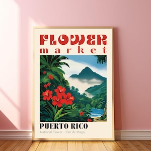 Vintage Puerto Rico Flower Market Poster Flor de Maga Decor Puerto Rico Poster Rainforest Artwork Beachy Wall Art El Yunque National Forest