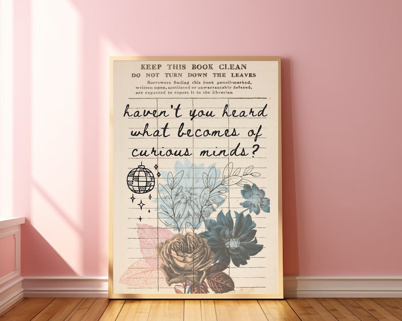 Curious Minds Quote Poster Vintage Library Card Wonderland Book Lover Wall Art image 1