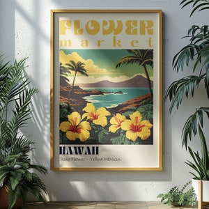 Póster del mercado de flores del estado de Hawái, impresiones de ciudades retro, póster de viaje retro, impresión de viaje vintage, hibisco hawaiano, arte de pared hawaiano estético