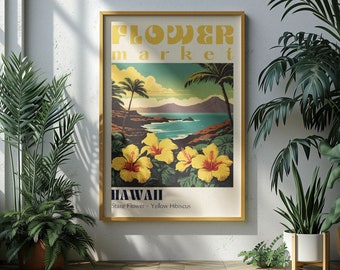 Hawaii State Flower Market Poster Retro Cities Prints Retro Travel Poster Vintage Travel Print Hawaiian Hibiscus Hawaiian Wall Art Aesthetic