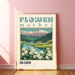Może przedstawiać: Plakat w stylu vintage z tekstem "FLOWER market" w retro czcionce. Plakat przedstawia malowniczy krajobraz z rzeką wijącą się przez dolinę, g&oacute;rami w tle i małą chatą. Plakat zawiera r&oacute;wnież tekst "IDAHO" i "Kwiat Stanu - Syringa".