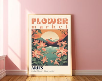 Aries Zodiac Flower Market Print Boho Wall Art Digital Download