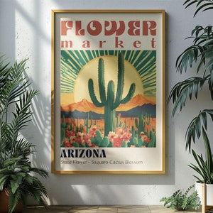 Arizona State Blumenmarkt Poster Retro Städte Drucke Retro Reiseplakat Vintage Reisedruck Wüstenlandschaft Southwest Poster Wilder Westen Kunst