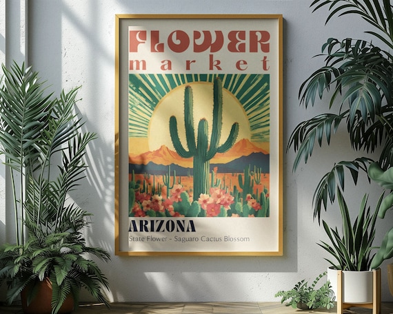 Arizona State Flower Market Poster Retro Cities Prints Retro Travel Poster Vintage Travel Print Desertscape Southwest Poster Wild West Art