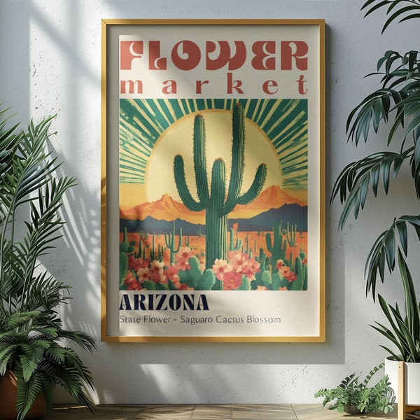 Arizona State Flower Market Poster Retro Cities Prints Retro Travel Poster Vintage Travel Print Desertscape Southwest Poster Wild West Art