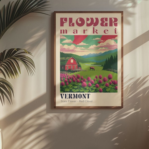 Vermont State Flower Market Poster Retro Cities Print Retro Travel Poster Vintage Travel Print Vermont Gift Red Clover Vermont Poster Trendy