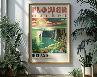 Ireland Flower Market Retro Travel Poster Shamrock Art Print Digital Download