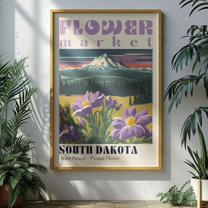 Poster del mercato dei fiori dello stato del South Dakota Stampe di città retrò Poster di viaggio retrò Stampa di viaggio vintage Poster del South Dakota Mount Rushmore Art