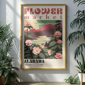 Cartel del mercado de flores del estado de Alabama Arte de Alabama Regalo de Alabama Impresión del estado de Alabama Impresiones de ciudades retro Cartel de viaje retro Impresión de viaje vintage