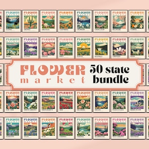 50 flores estatales Boho Flower Market Poster Flower Market Matisse Flower Market Art Set de 50 impresiones Paquete de exposición Póster floral de moda