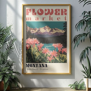 Cartel del mercado de flores del estado de Montana Ciudades retro Impresiones Cartel de viaje retro Impresión de viaje vintage Regalo de boda de Montana Regalo de Montana Bitterroot