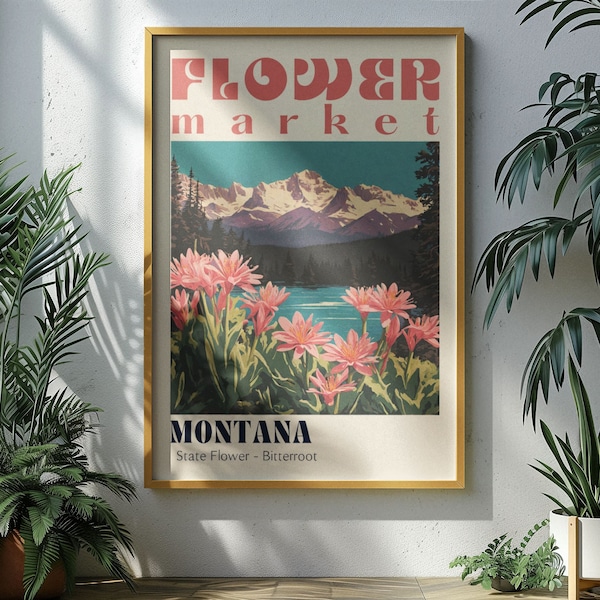 Cartel del mercado de flores del estado de Montana Ciudades retro Impresiones Cartel de viaje retro Impresión de viaje vintage Regalo de boda de Montana Regalo de Montana Bitterroot