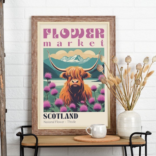 Scotland National Flower Market Poster Scottish Cow Highland Cow Decor Longhorn Wall Art Highland Cow Poster Farmhouse Highland Cow Photo