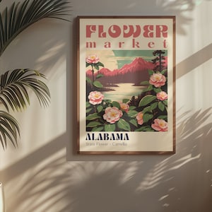 Cartel del mercado de flores del estado de Alabama Arte de Alabama Regalo de Alabama Impresión del estado de Alabama Impresiones de ciudades retro Cartel de viaje retro Impresión de viaje vintage