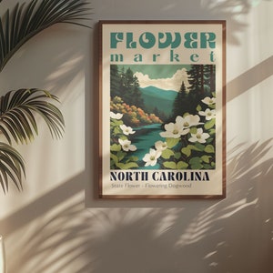 North Carolina State Flower Market Poster Retro Cities Prints Retro Travel Poster Vintage Travel Print Flowering Dogwood North Carolina Gift