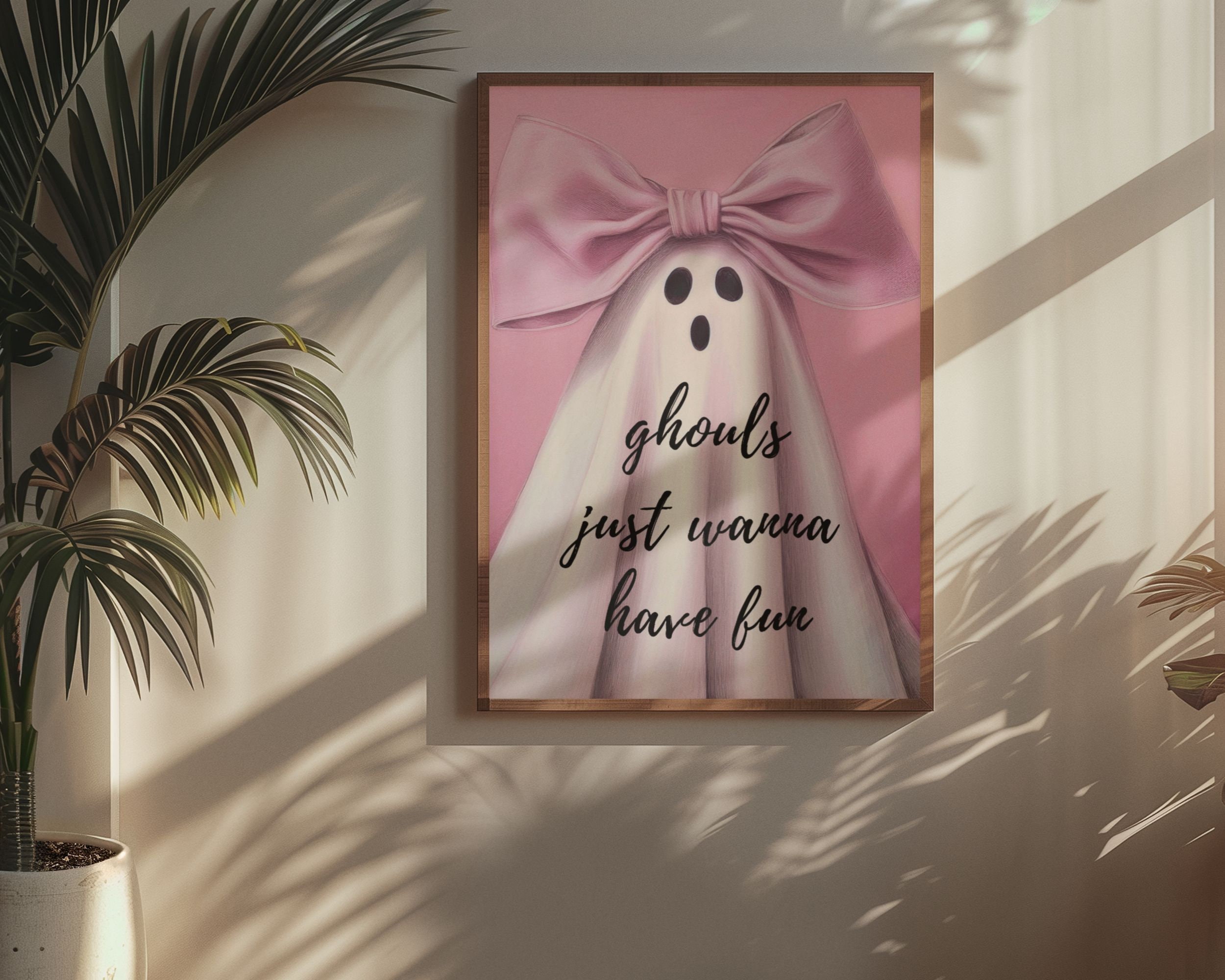 Fun Ghost Poster Ghouls Just Wanna Have Fun Cute Ghost Print Pink Ghost Painting Pink ...