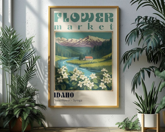 Idaho State Flower Market Poster Retro Cities Prints Retro Travel Poster Vintage Travel Print Syringa Flower Poster Grandparents Gift Print