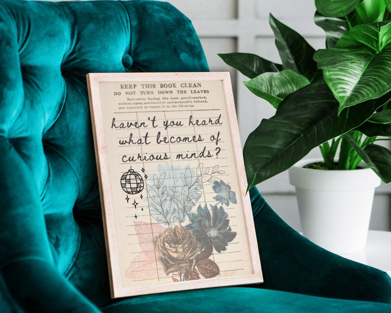 Curious Minds Quote Poster Vintage Library Card Wonderland Book Lover Wall Art image 6