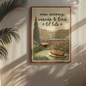 Weenies and Martinis Poster Funky Cocktail Wall Art Quirky Hot Dog Print Maximalist Kitchen Decor Italian Bar Cart Espresso Aesthetic Print