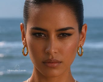 Boucles d'oreilles en or 18 carats, boucles d'oreilles en zircone colorée, créoles épaisses en acier inoxydable, cadeau de bijoux tendance vintage pour elle