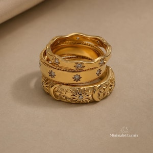 Parure empilable de bagues en or, bagues célestes, bagues en plaqué or 18 carats, pile de bagues étoile soleil lune, cadeau en acier inoxydable pour elle image 3