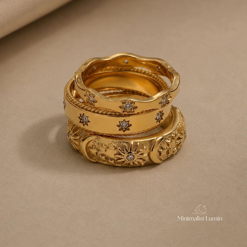 Parure empilable de bagues en or, bagues célestes, bagues en plaqué or 18 carats, pile de bagues étoile soleil lune, cadeau en acier inoxydable pour elle image 3