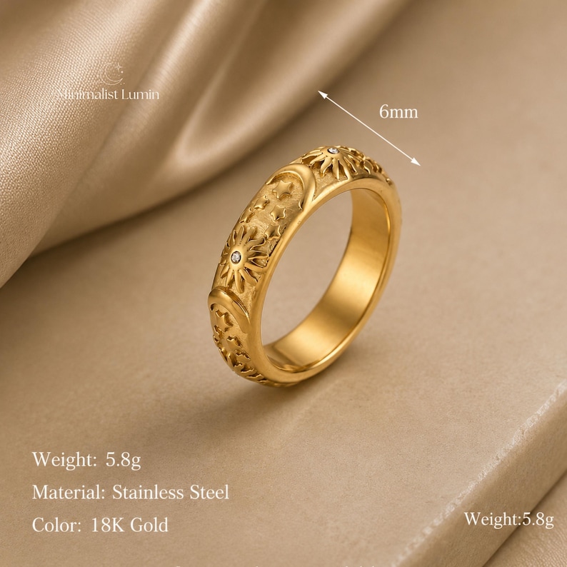 Parure empilable de bagues en or, bagues célestes, bagues en plaqué or 18 carats, pile de bagues étoile soleil lune, cadeau en acier inoxydable pour elle image 6
