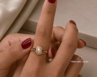 Bague perle vintage, bague plaquée or 18 carats, bague tendance en acier inoxydable, bague de style victorien, cadeau pour elle