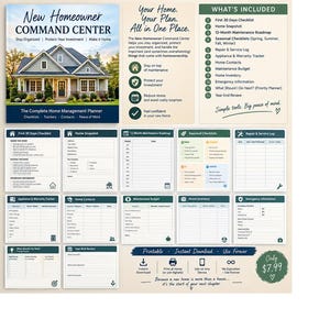 Può includere: Un pianificatore di gestione domestica New Homeowner Command Center con illustrazione di una casa, liste di controllo e tracker. Include sezioni per manutenzione, garanzie, contatti, budget e inventario in formato stampabile.