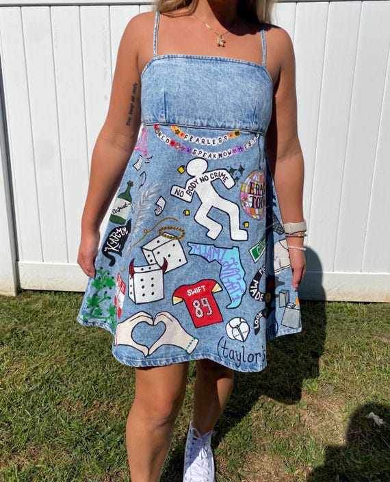 Custom Hand Painted Denim Dress. Available to Do Eras Tour Logos, Sports Teams, Schools, Etc. Denim Dresses, Jeans, or Jackets - Etsy Custom Hand Painted Denim Dress. Available to Do Eras Tour Logos, Sports Teams, Schools, Etc. Denim Dresses, Jeans, or Jackets - Etsy