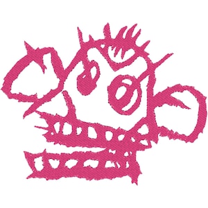 May include: A pink cartoon-style drawing of a creature with a large head, two eyes, and a mouth with teeth. The creature has a spiky, textured appearance.